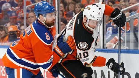 Oilers GM Peter Chiarelli was impressed with the play of Adam Larsson, left, and the rest of the team's defence, particularly in the playoffs. "There's still an element of growth in our D," he said at Tuesday's season-ending news conference. larsson-adam-170503-1180