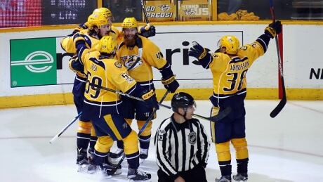 Nashville Predators celebrate Filip Forsberg's third-period goal against Anaheim in Tuesday's 2-1 win in Game 3 of their Western Conference final. predators-ducks