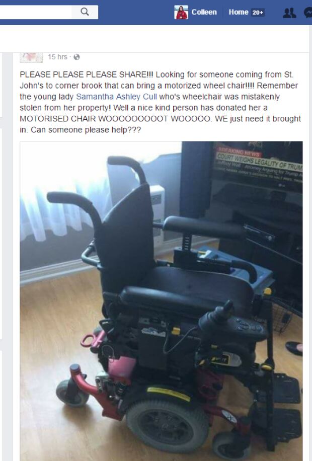 wheelchair on facebook samantha cull donation