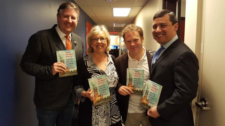 From left to right: Kennedy Stewart, Elizabeth May, Scott Simms, Michael Chong share their 'collaborative roadmap for Canadian parliamentary reform' in the book,
Turning Parliament Inside Out: Practical Ideas for Reforming Canada's Democracy.
