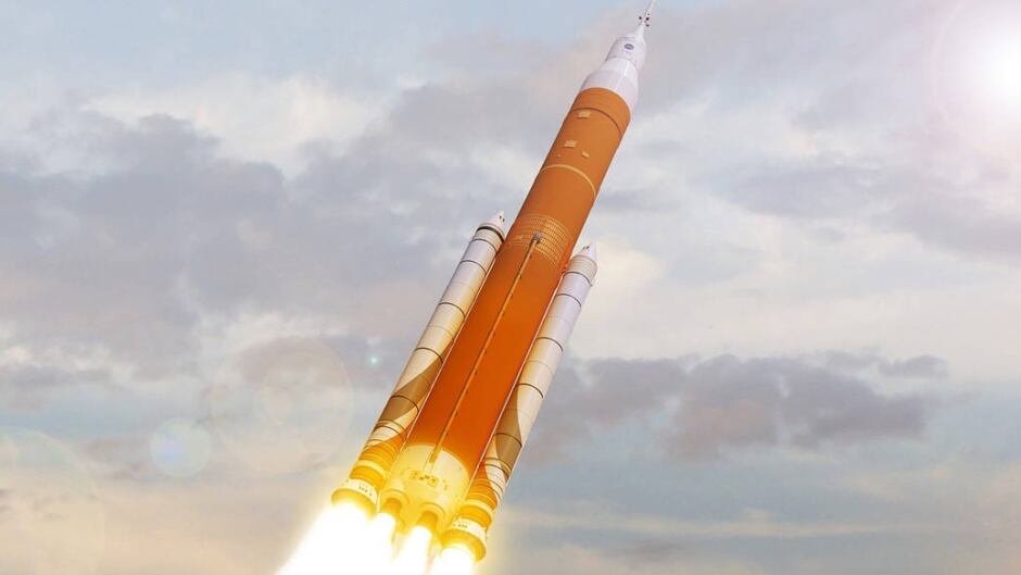 An illustration of NASA's Space Launch System. It will be 111 metres tall in the crew configuration, will deliver a 105-metric-ton lift capacity and feature a powerful exploration upper stage.
