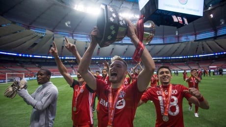 Toronto FC players are seen celebrating their Canadian championship victory last June. TFC begins its defence of the title against the Ottawa Fury on Tuesday. toronto-fc-062916-620