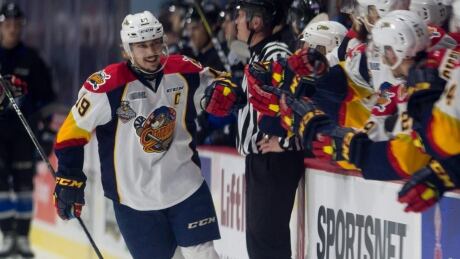 Erie centre Dylan Strome celebrates one of his four goals during the Otters' 12-5 win over the Saint John Sea Dogs Monday at the Memorial Cup in Windsor, Ont. HKO Memorial Cup 20170522