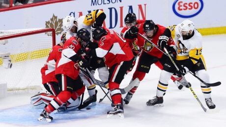 A gaggle of Ottawa Senators and Pittsburgh Penguins battle during the first period of Game 6 of the Eastern Conference final in Ottawa on Tuesday, May 23, 2017. Senators Penguins Game 6 in Ottawa