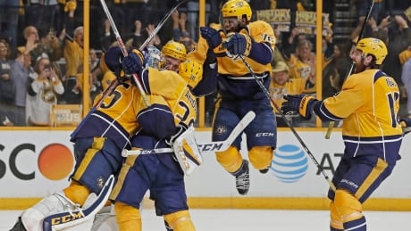 P.K. Subban, jumping, celebrates the Nashville Predators' Game 6 win against Anaheim that put them in the Stanley Cup final for the first time in franchise history. APTOPIX Ducks Predators Hockey