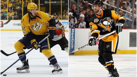 The Nashville Predators have been without their top centre Ryan Johansen, left, for several games and the Pittsburgh Penguins are missing their top defenceman Kris Letang. preds-pens
