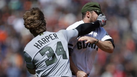 Washington Nationals' Bryce Harper (34) hits San Francisco Giants' Hunter Strickland in the face after being hit with a pitch in the eighth inning of a baseball game Monday. harper-strickland