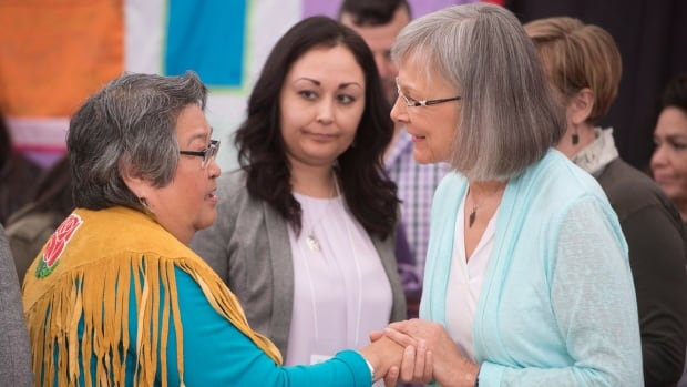 Frances Neumann is greeted by Chief Commissioner Marion Buller as the National Inquiry into Missing and Murdered Indigenous Women and Girls got underway in Whitehorse, under a tent on the banks of the Yukon River.