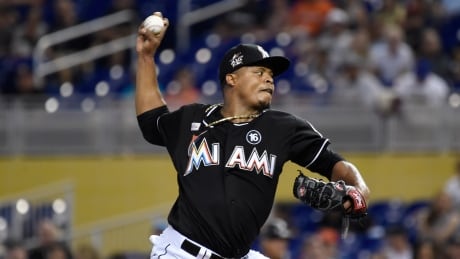 Miami Marlins pitcher Edinson Volquez threw the first no-hitter of the 2017 MLB season. Volquez Marlins Baseball
