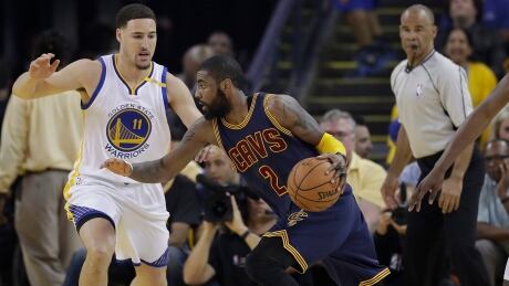 Klay Thompson, left, kept Kyrie Irving and the Cleveland Cavaliers in check during Game 1 of the NBA Finals. klay-thompson