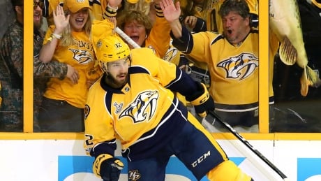 NASHVILLE, TN - JUNE 03: Frederick Gaudreau #32 of the Nashville Predators celebrates after scoring a second period goal against Matt Murray #30 of the Pittsburgh Penguins (not pictured) in Game Three of the 2017 NHL Stanley Cup Final at the Bridgestone Arena on June 3, 2017 in Nashville, Tennessee. (Photo by Bruce Bennett/Getty Images) gaudreau-frederick-170603-1180