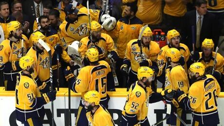 Nashville Predators' Frederick Gaudreau celebrates with his teammates after scoring a goal against Pittsburgh Penguins' Matt Murray in Game 4 on Monday night. gaudreau-frederick