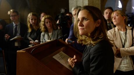 Foreign Affairs Minister Chrystia Freeland speaks to members of the media following her foreign policy speech in the House on Tuesday. Foreign Policy Speech 20170606