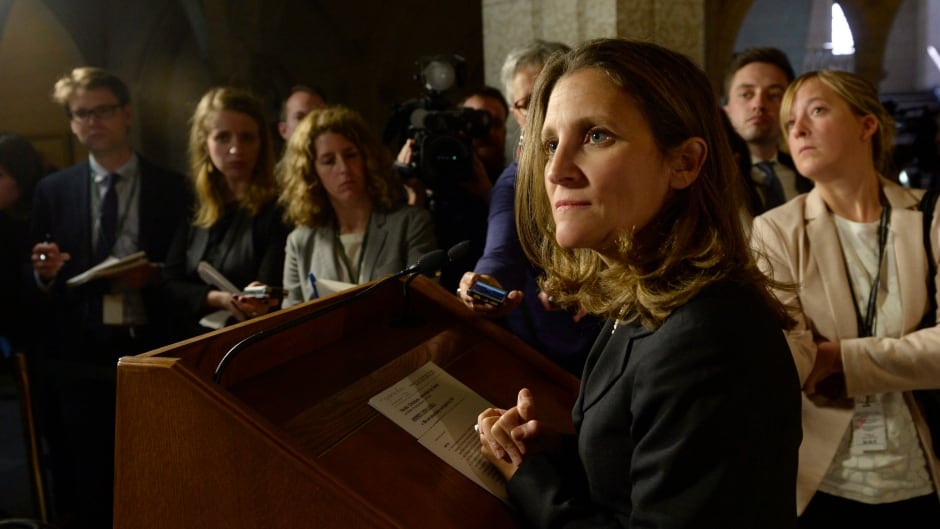 Foreign Affairs Minister Chrystia Freeland speaks to members of the media following her foreign policy speech in the House on Tuesday.