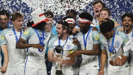 England celebrates its 1-0 victory over Venezuela in the final of the U-20 World Cup on Sunday to capture its first international title since 1966 in Suwon, South Korea. England-Venezuela-11062017