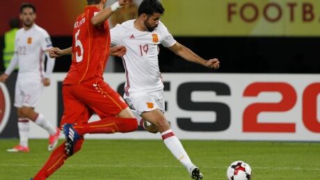 Diego Costa, right, scored the game-winning goal for Spain against Macedonia on Sunday. Soccer WCup 2018 Macedonia Spain