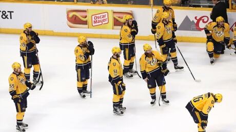 The Nashville Predators react after falling to the Pittsburgh Penguins 2-0 in Game 6 of the 2017 NHL Stanley Cup final. predators-nashville
