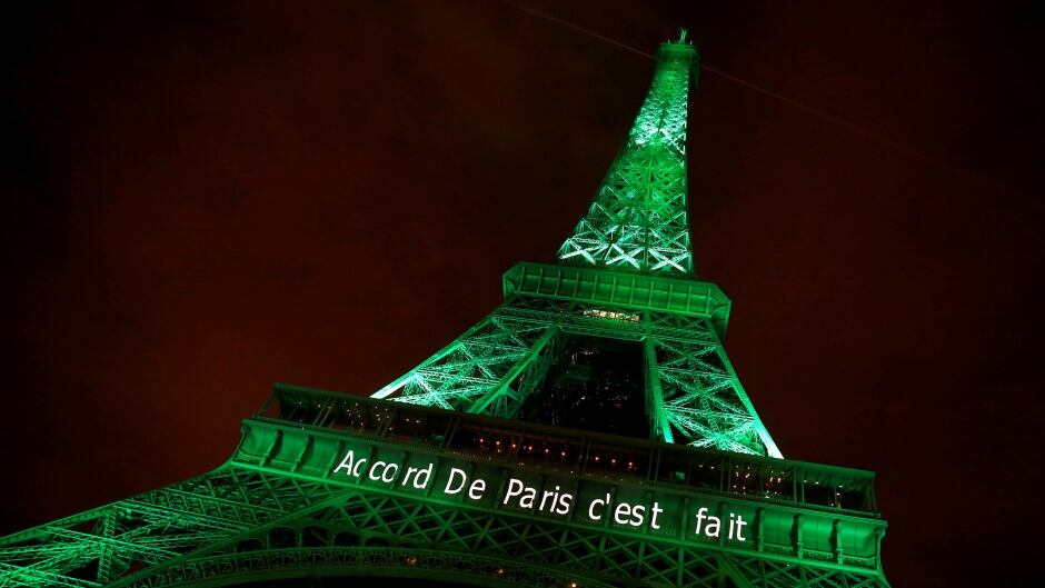 The Eiffel tower is illuminated in green with the words 'Paris Agreement is Done' on Nov. 4, 2016. Only three UN members have opted not to sign one: Syria, Nicaragua and the United States.