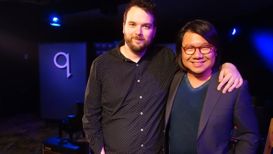 Kevin Kwan and Tom Power in the q studio.