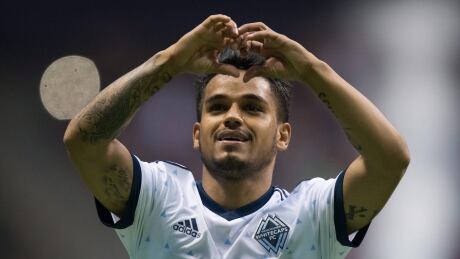 Cristian Techera of the Whitecaps celebrates his 74th-minute free kick that helped Vancouver tie FC Dallas 1-1, in MLS action on Saturday. Whitecaps-Dallas-17062017