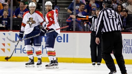 Florida's Aaron Ekblad (5) had this goal called back after an offside review in the 2016 playoffs. Panthers Islanders Hockey