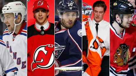 From left to right, Derek Stepan, Nico Hischier, Brandon Saad, Nolan Patrick and Artemi Panerin all got new NHL homes on Friday. 1180-draft-day-1