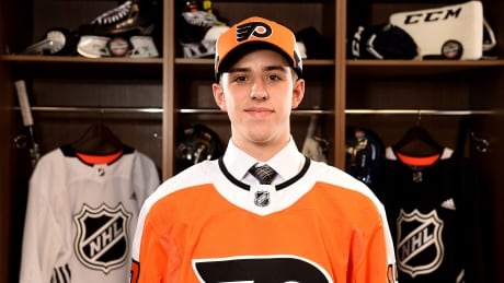 Morgan Frost, son of Toronto radio personality Andy Frost, poses after being selected 27th overall by the Philadelphia Flyers during the 2017 NHL Draft on Friday, in Chicago, Ill. Morgan-Frost-23062017