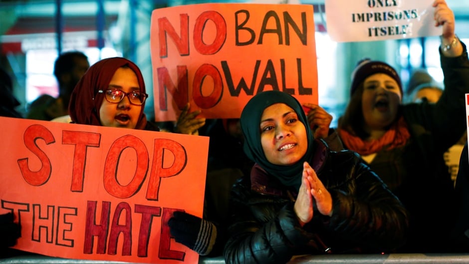 People protest against U.S. President Donald Trump's travel ban in New York City, U.S., Feb. 1, 2017. A partial version of the ban will be temporarily re-enacted after a Supreme Court order on Monday.