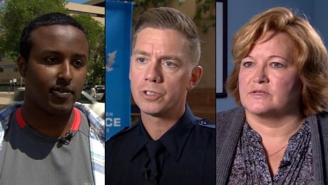(Left to right) Bashir Mohamed of Black Lives Matter Edmonton, Edmonton police Staff Sgt. Warren Driechel, and Rachelle Venne, CEO of CEO of the Institute for the Advancement of Aboriginal Women. Three-shot street checks
