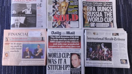 The front pages of British national newspapers showing images of the reaction to the World Cup 2018 and 2022 bids won by Russia and Qatar in December 2010. A German newspaper has now received a leaked document promising more revelations on how those bids were won. DV881073