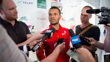 Andre De Grasse meets with media Tuesday ahead of Wednesday's Harry Jerome International Track Classic in Coquitlam. ATH Harry Jerome 20170627
