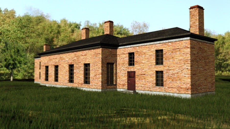 A computer-generated image shows what the two brick buildings of Upper Canada's first Parliament would have looked like in the early 1800s.