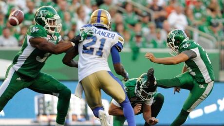Tyler Crapigna of the Saskatchewan Roughriders kicks a first half field goal during CFL action as the Winnipeg Blue Bombers secured a 43-40 walkoff victory in Regina, on Saturday. bombers-roughriders-01072017