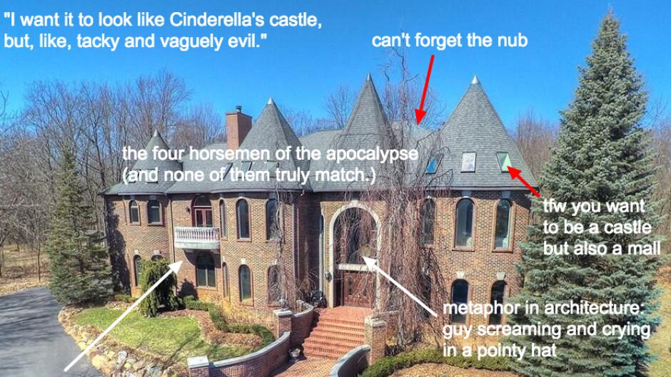 McMansion Hell posts images from real estate listings with snarky commentary added.