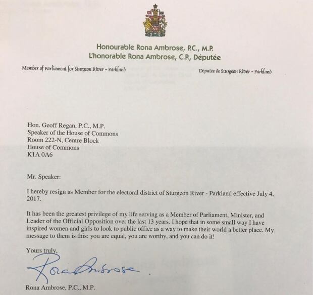 Rona Ambrose letter of resignation