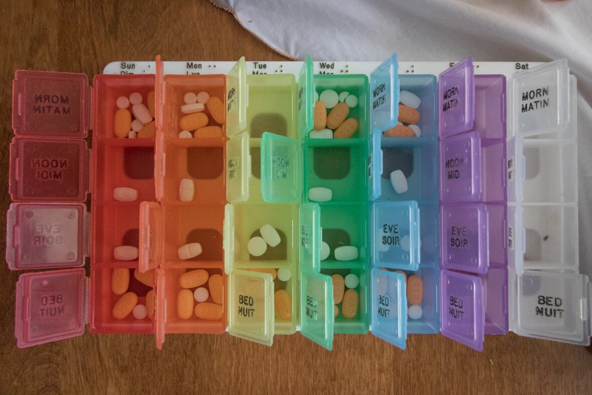 Weekly pill-holders open on a counter.
