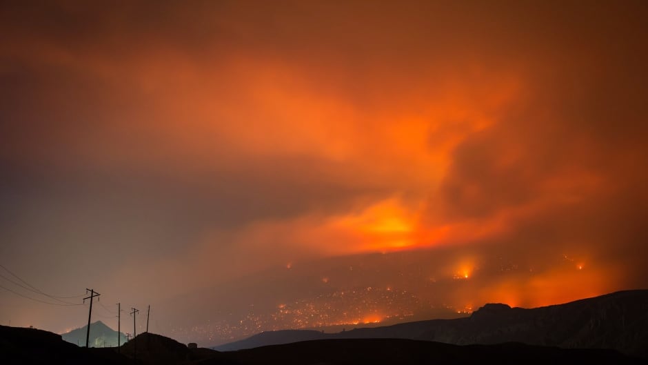 A wildfire burns on a mountain in the distance, east of Cache Creek, B.C., in the early morning hours of Monday July 10, 2017. (Darryl Dyck/Canadian Press)