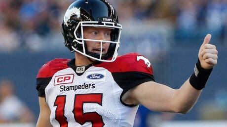 Calgary's Andrew Buckley (15) signals a successful field goal against the Winnipeg Blue Bombers during the Stampeders's 29-10 win on Friday. FBO CFL Stampeders Blue Bombers 20170707