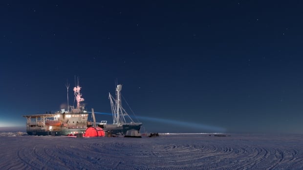 The research vessel Lance sits in the Arctic sea ice on 17 February 2015. 