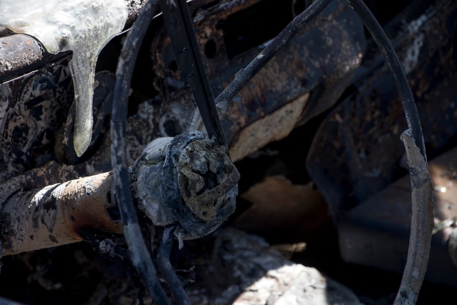 Stirring wheel of burnt car ashcroft wildfire