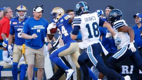 Winnipeg Blue Bombers' Ryan Lankford returns the Toronto Argonauts' opening kick 104 yards for the touchdown during the first half in Winnipeg on Thursday. blue-bombers-argos-071317-620