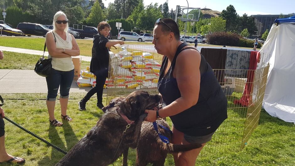 Karen Warren, an evacuee from Cache Creek, B.C., with her two dogs at the Kamloops evacuation centre.