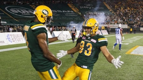 Edmonton Eskimos' Adarius Bowman, left, and Brandon Zylstra have reason to celebrate after taking over top spot in Malcolm Kelly's CFL rankings. FBO CFL Alouettes Eskimos 20170630