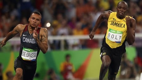 Sprinters Andre De Grasse, left, and Usain Bolt, right, will have to wait two weeks at the world championships to share the track. The Canadian will run the 4x100-metre relay at Sunday’s Diamond League meet in Monaco after Bolt said he preferred a non-elite field in the 100, according to De Grasse’s coach Stuart McMillan. de-grasse-andre-160817-1180