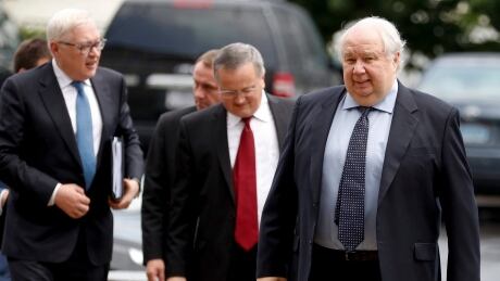 Russian Ambassador to the U.S. Sergey Kislyak, right, and Russian Deputy Foreign Minister Sergei Ryabkov, left, arrive at the State Department in Washington, Monday, July 17, 2017, to meet with Undersecretary of State Thomas Shannon. US Russia