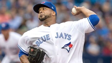 Jays starter Francisco Liriano delivers a pitch against Oakland Monday night. BBA Athletics Blue Jays 20170724