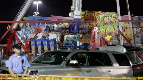Authorities stand near the Fire Ball amusement ride after the ride malfunctioned injuring several at the Ohio State Fair, Wednesday, July 26, 2017, in Columbus, Ohio. Some of the victims were thrown from the ride when it malfunctioned Wednesday night, said Columbus Fire Battalion Chief Steve Martin. (Barbara J. Perenic/The Columbus Dispatch via AP) State Fair Ride Malfunction