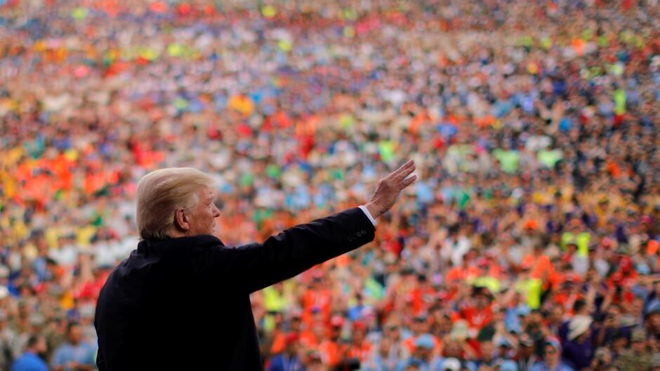U.S. President Donald Trump waves after delivering remarks at the 2017 National Scout Jamboree in Summit Bechtel National Scout Reserve, West Virginia , U.S., July 24, 2017.
