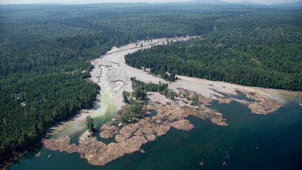 Debris flows into a body of water.