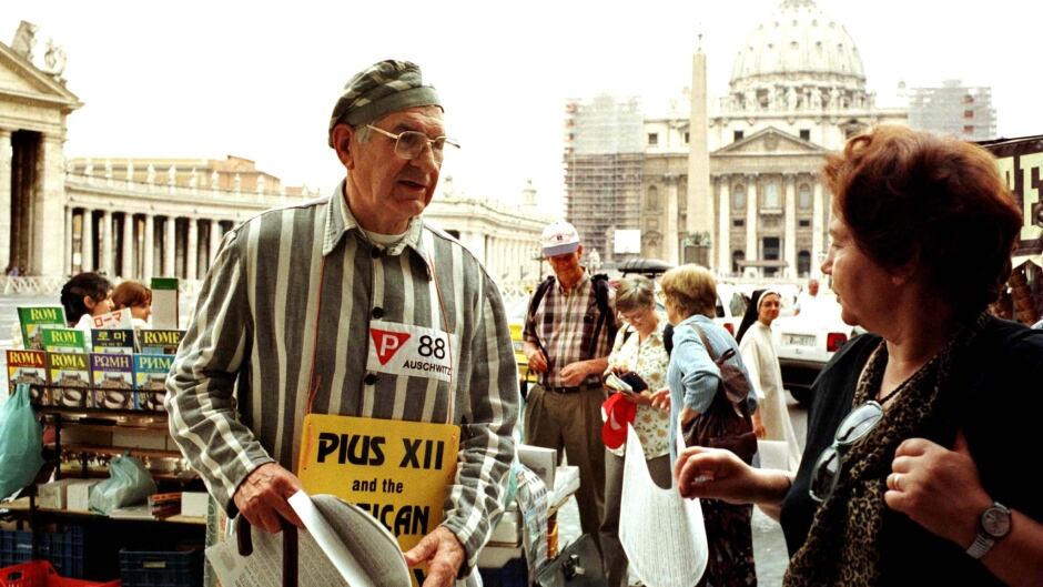 Sigmund Sobolewski, left, protests in front of the Vatican, Sept. 22, 1997, urging the Roman Catholic Church to acknowledge its role in the Holocaust.